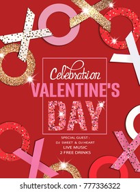 Valentines Day party banner with paper and sparkling letters. Vector illustration