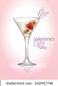 Valentine's day party banner or poster design concept. Cocktail glass, drink, olives and heart pierced by a toothpick. Hand drawn arrow feathers. Pink gradient background. 