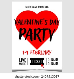 Valentine's Day party banner or poster with big red heart to invite your beloved for a romantic event in the night club to celebrate the holiday on February 14. Ready to print vector illustration.