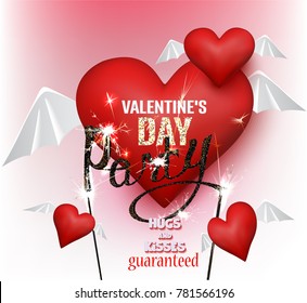 Valentine's Day party cards with hearts with wings and sparklers. Vector illustration