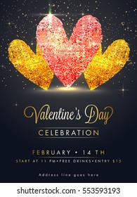 Valentine's Day Party celebration Template, Banner, Flyer or Invitation Card design decorated with glittering hearts.