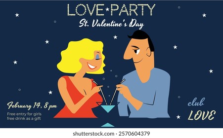 Valentine's Day party, couple in love, man and woman, woman in red dress, blonde in red, Valentine's Day banner, night club banner