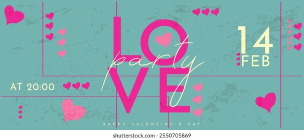 Valentine's Day Party Design. Modern Creative Art with Hearts and Love Typography for Advertising, Social Media, Posters, Banners, Covers. Geometric Background in Pink, Orange.