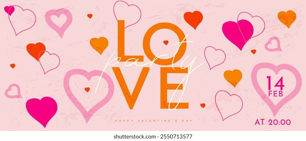 Valentine's Day Party Design. Modern Creative Art with Hearts and Love Typography for Advertising, Social Media, Posters, Banners, Covers. Geometric Background in Pink, Orange.
