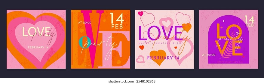 Valentine's Day Party Design Set. Modern Creative Art with Hearts and Love Typography for Advertising, Social Media, Posters, Banners, Covers. Geometric Background in Pink, Orange, Purple.