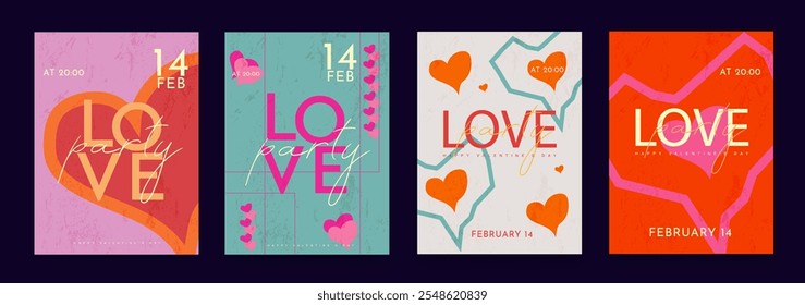 Valentine's Day Party Design Set. Modern Creative Art with Hearts and Love Typography for Advertising, Social Media, Posters, Banners, Covers. Geometric Background in Pink, Orange, Purple.