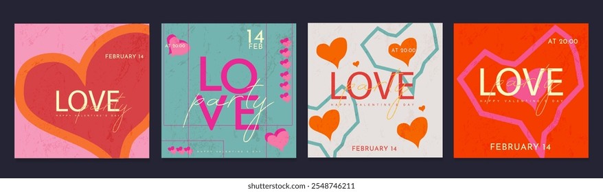 Valentine's Day Party Design Set. Modern Creative Art with Hearts and Love Typography for Advertising, Social Media, Posters, Banners, Covers. Geometric Background in Pink, Orange, Purple.