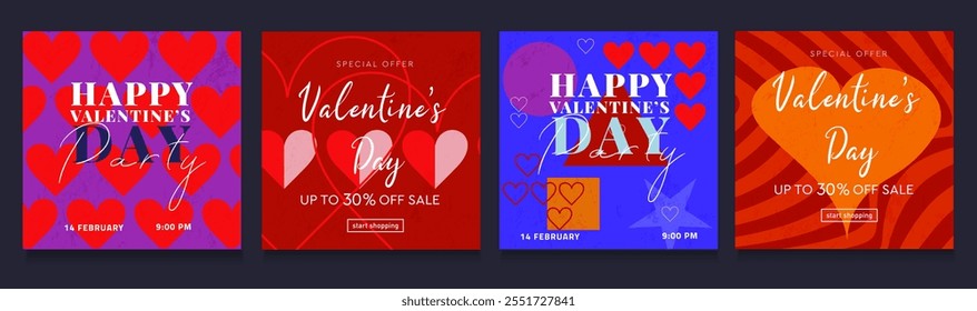 Valentine's Day Party Design Set. Modern Creative Art with Hearts and Love Typography for Advertising, Social Media, Posters, Banners, Covers. Geometric Background in Pink, Orange, Purple.