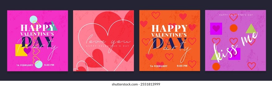 Valentine's Day Party Design Set. Modern Creative Art with Hearts and Love Typography for Advertising, Social Media, Posters, Banners, Covers. Geometric Background in Pink, Orange, Purple.