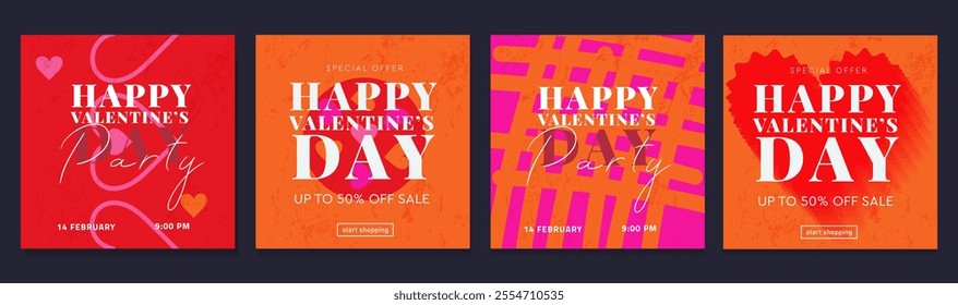 Valentine's Day Party Design Set. Modern Creative Art with Hearts and Love Typography for Advertising, Social Media, Posters, Banners, Covers. Geometric Background in Pink, Orange, Purple.