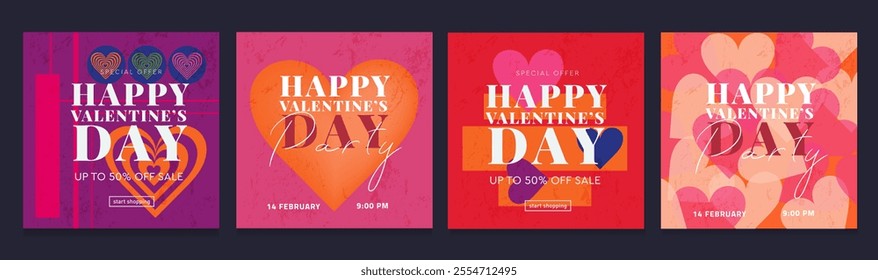 Valentine's Day Party Design Set. Modern Creative Art with Hearts and Love Typography for Advertising, Social Media, Posters, Banners, Covers. Geometric Background in Pink, Orange, Purple.