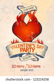 Valentine`s Day Party design template with burning heart. Eps10.