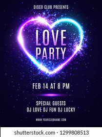 Valentine's Day party design template for flyers banners. Abstract heart background with neon light. Dance Love party poster with electric heart shape frame. 80s style bright vector illustration.