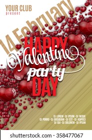 Valentines Day Party Flyer Background  Design. Vector template of invitation with hearts, flyer, poster or greeting card.