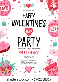 Valentine's Day party flyer with ballons, hearts and other elements. Vector illustration