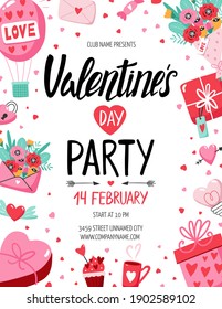 Valentine's Day party flyer with ballons, hearts and other elements. Vector illustration