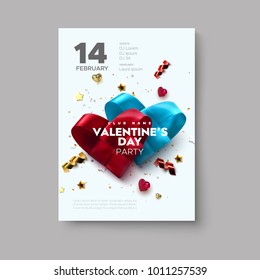 Valentines Day party flyer. Couple of woven hearts made of silk ribbon with sparkling confetti glitters and stars. Vector holiday illustration. Love concept. Romantic music event invitation design