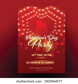 Valentine's Day Party Flyer Design With Silhouette Couple In Red And Golden Color.