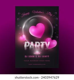 Valentine's Day Party Flyer Design with 3D Pink Heart Shapes with Bubbles on Black Background.