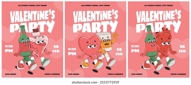 Valentines Day Party Flyer Design with groovy cartoon characters on pink background. Romantic vintage poster set. Love Celebration.