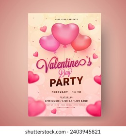 Valentine's Day Party Flyer or Invitation Card with Heart Shaped Balloons and Event Details.