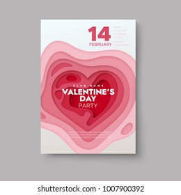 Valentines Day party flyer. Pink paper cut background. Vector holiday illustration. Love concept. Romantic music event invitation design. 14 february decoration. Carved paper heart shape. Cover design