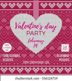 Valentine's Day party flyer. Pink backdrop with heart and bow on tape. Invitation to nightclub. Seamless pattern with image of Norwegian, fairisle patterns. Wool knitted texture. Vector Illustration.