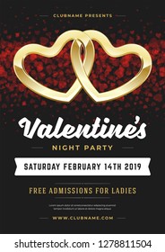 Valentines day party flyer or poster design. Template invitation or greeting card. Vector illustration.