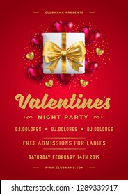 Valentines day party flyer or poster design. Template invitation or greeting card. Vector illustration.