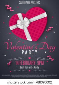 Valentines Day party flyer. Purple box from the heart and a white ribbon with a bow. Romantic composition on a dark background. Confetti of hearts. Invitation to the club. Vector illustration.