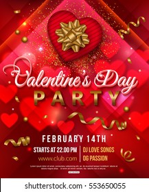 Valentines Day Party Flyer With Red Heart, Gift Box And Gold Bow. Vector Illustration