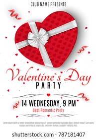 Valentines Day party flyer. Red box from the heart and a white ribbon with a bow. Romantic composition on a white background. Confetti of hearts. Invitation to the club. Vector illustration.