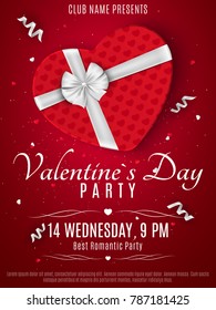 Valentines Day party flyer. Red box from the heart and a white ribbon with a bow. Romantic composition on a dark red background. Confetti of hearts. Invitation to the club. Vector illustration.