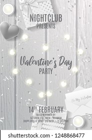Valentine's Day party flyer template. Vector illustration with garland. Top view on silver serpentine and confetti, gift boxes and ring box on wooden texture. Invitation to nightclub.