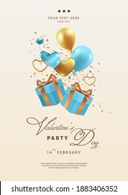 Valentine's day party flyer template with falling gifts, hearts and balloons. 3d illustration