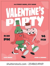 Vorlage für Valentinstag-Party-Flyer mit Cartoon-groovigen Figuren. Bierflasche und Liebesgetränk. Vektorplakat für Feierlichkeiten. 