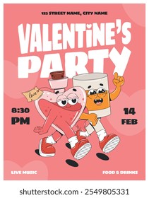 Valentinstag Party Flyer Vorlage mit trendigen groovigen Zeichen. Glas Whisky und Liebesgetränk. Vektorplakat für Feierlichkeiten. 