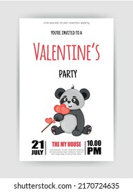 Valentine's Day party flyer. Vector illustration. With cartoon panda illustration.