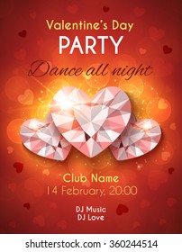 Valentines Day Party Flyer. Vector design with shiny diamond hearts