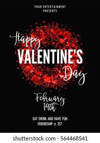 Valentines Day Party greeting card or Flyer template. Love invitation design. Beautiful luxury holiday background with 3D flying red hearts. Vector Illustration.
