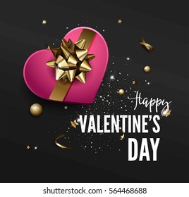 Valentines Day Party greeting card or Flyer template. Love invitation design. Beautiful luxury holiday background with 3D heart, confetti and golden bow. Vector Illustration.