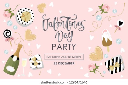 Valentine's day Party, greeting cards, simple flat style with romantic elements. Vector illustration. 