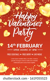 Valentines Day party hand drawn calligraphy lettering, poster or banner template. Holiday flyer layout with place for text. Vector illustration of golden diamond gems in heart shape.