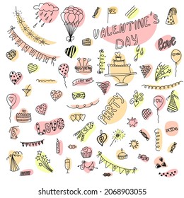 valentine's day party hand drawn art line doodles collection set in pastel colors