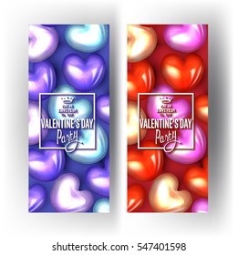Valentine's Day party invitation banners with colorful caramel hearts on the background. Vector illustration