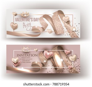 Valentine's Day party invitation beige cards with curly ribbons, hearts and frame. Vector illustration