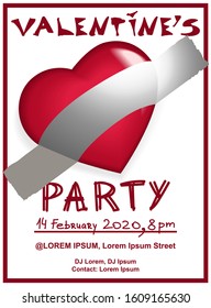 Valentine's Day Party Invitation Card. Vector for flyer, banner, poster or greeting card. Illustration with 3D red heart glued with adhesive tape on a white background