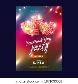 Valentine's Day Party Invitation Card, Flyer Design With 3D Heart Shape Disco Balls On Gradient Background.