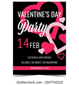 Valentine's Day party invitation card to celebrate the romantic Feast of Saint Valentine. Promotion and advertising banner, poster or flyer with pink hearts on black background. Vector illustration.