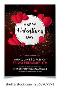 Valentines Day party invitation card design. Music performance invite postcard with red 3D hearts and golden sparkles. Holiday DJ event poster. White circle with handwritten text. Vector illustration.